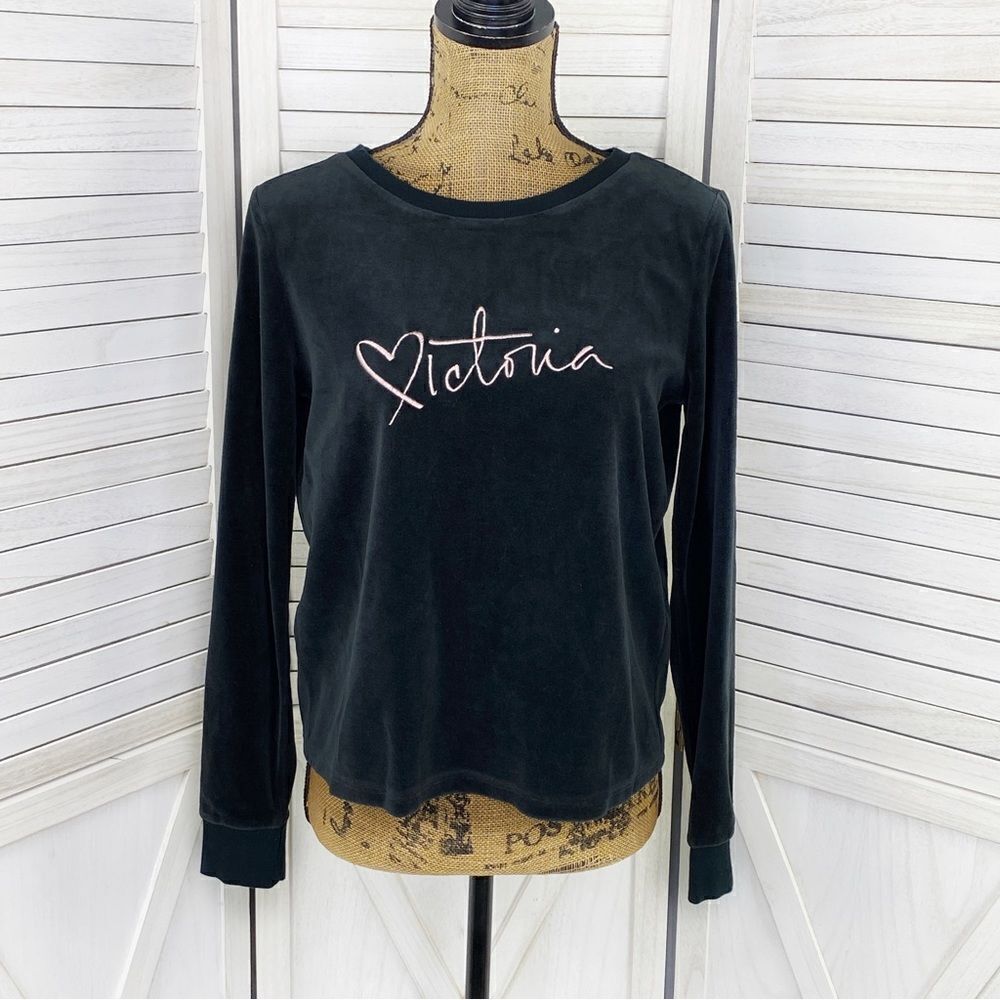Victoria’s Secret Velour Embroidered Open Split Back Shirt Black Small